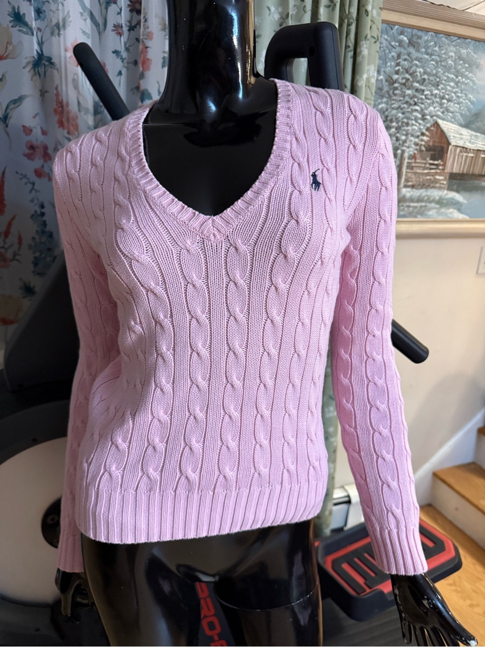 Ralph Lauren Light Pink Cable-Knit V-Neck Sweater